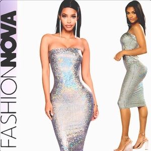 NWT Fashion Nova Holiday Cocktail Party Shimmer Holo Bodycon Midi Dress